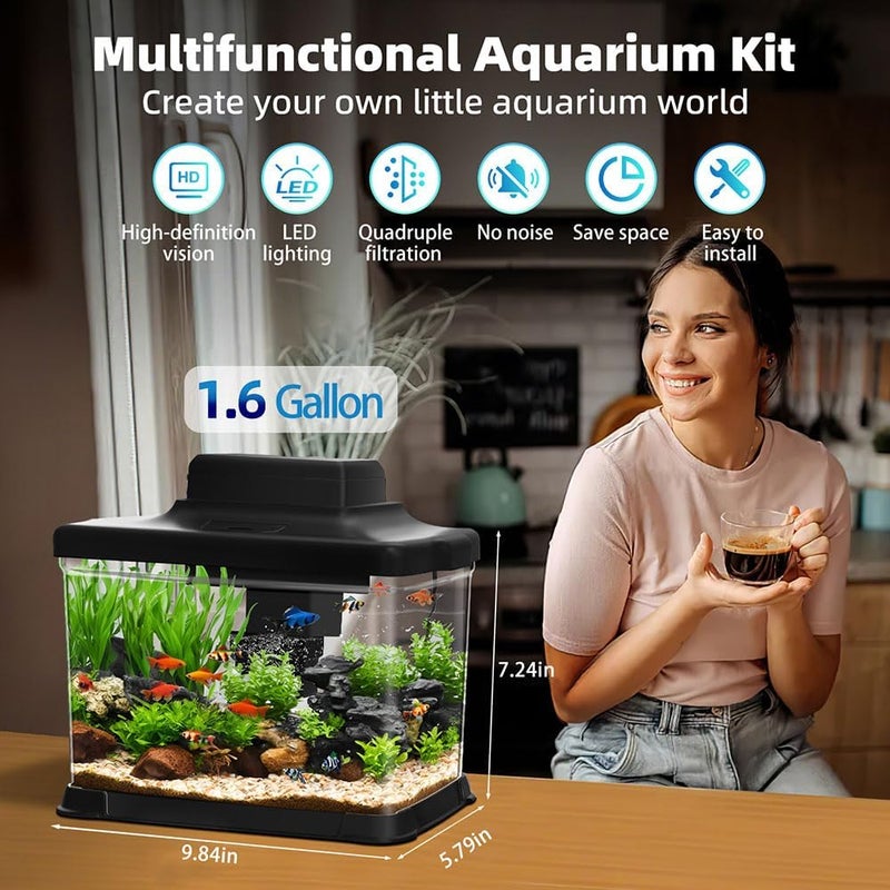 DATOO Small Fish Tank Ultra-Clear 1.6 Gallon Aquarium Starter Kits with LED Lighting and Filter System Beginner-Friendly Mini Betta Aquarium for Small Fish Shrimp Desktop Room Decoration - Image 2